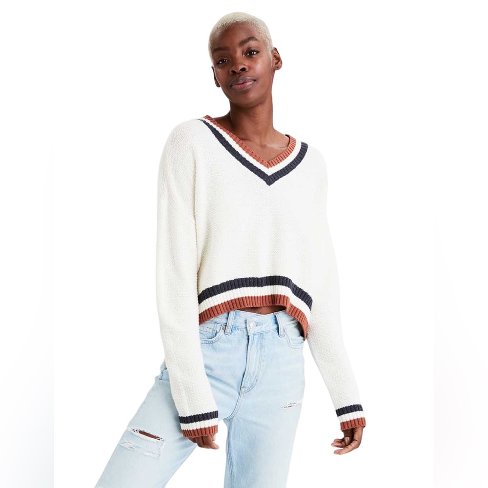 American Eagle Off White, Brown & Navy Cropped Pullover Oversize Sweater Size M